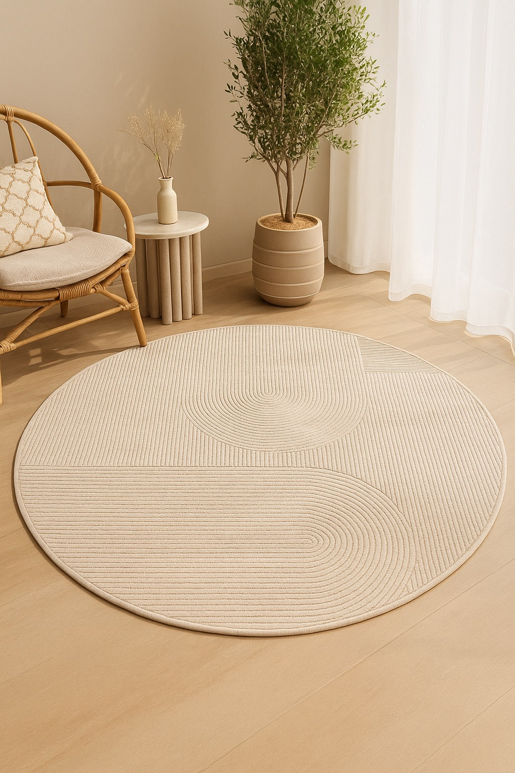 ✨ MaisonLaurant™ “Épure Ronde” – Rond Vloerkleed in Beige Imitatiewol met Sculpturale Lijnstructuur
