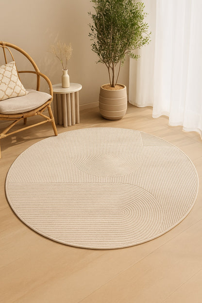 ✨ MaisonLaurant™ “Épure Ronde” – Rond Vloerkleed in Beige Imitatiewol met Sculpturale Lijnstructuur