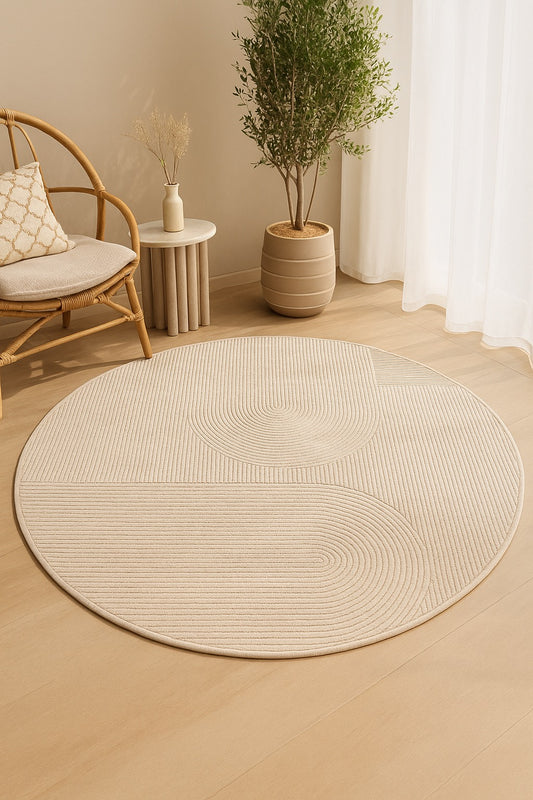 ✨ MaisonLaurant™ “Épure Ronde” – Rond Vloerkleed in Beige Imitatiewol met Sculpturale Lijnstructuur